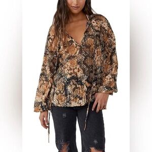 Free People Out For The Night Snakeskin Print Blouse Boho Festival Oversized L